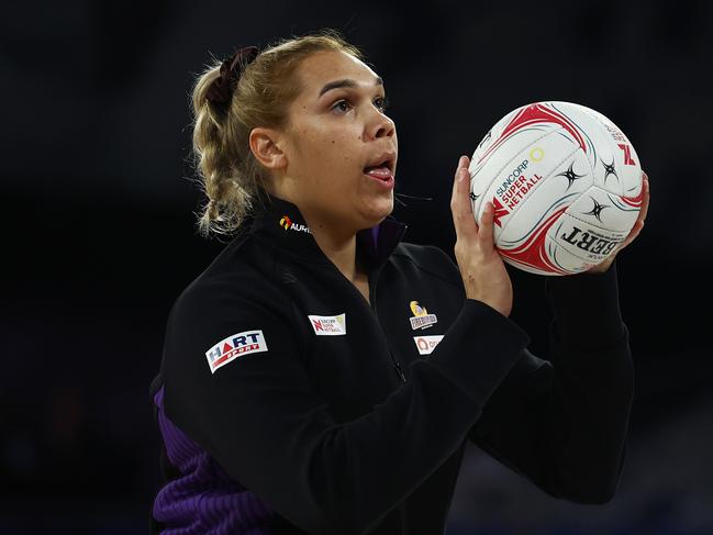 MELBOURNE, AUSTRALIA - MAY 07: Donnell Wallam of the Firebirds warms up before the round eight Super Netball match between Melbourne Vixens and Queensland Firebirds at John Cain Arena, on May 07, 2022, in Melbourne, Australia. (Photo by Daniel Pockett/Getty Images)