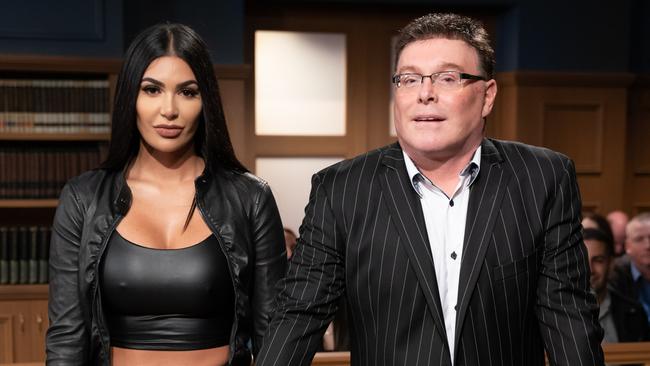 Ultra Tune 'Rubber Girl' and TV ad star Parnia Porsche with Ultra Tune owner Sean Buckley on Network 10's Trial by Kyle show. Picture: Network 10, Trial by Kyle