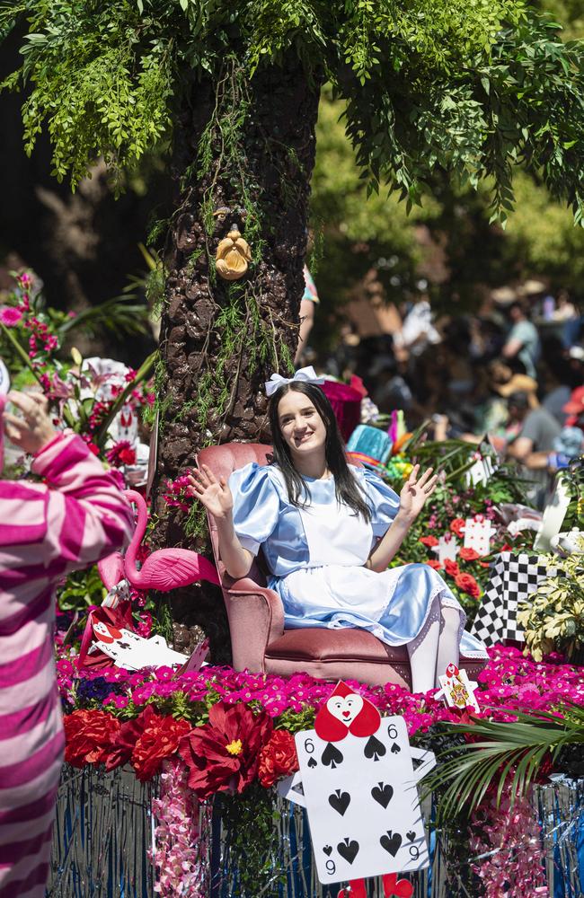 Evie Frost on Tony's Community Kitchen float in the Grand Central Floral Parade of the Carnival of Flowers, Saturday, September 21, 2024. Picture: Kevin Farmer