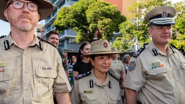 Michael Hebb, Deputy Commissioner NT Correctional Services Yolonda Adams and Commissioner Corrections Matthew Varley attend the NAIDOC march, 2024. The theme this year is 'Keep the fire burning: Blak, loud and proud'. Picture: Pema Tamang Pakhrin