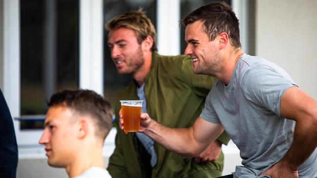 Tom Doedee, Daniel Talia and Brad Crouch at the Crows’ end of season gathering on Monday. Picture: Supplied