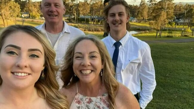 Kyah and Nadene McBride (l-r bottom), who were killed when a bus crashed on the way home from their friend’s wedding, with Mr McBride and Kane Symons (l-r back). Picture: Belinda Jane Video