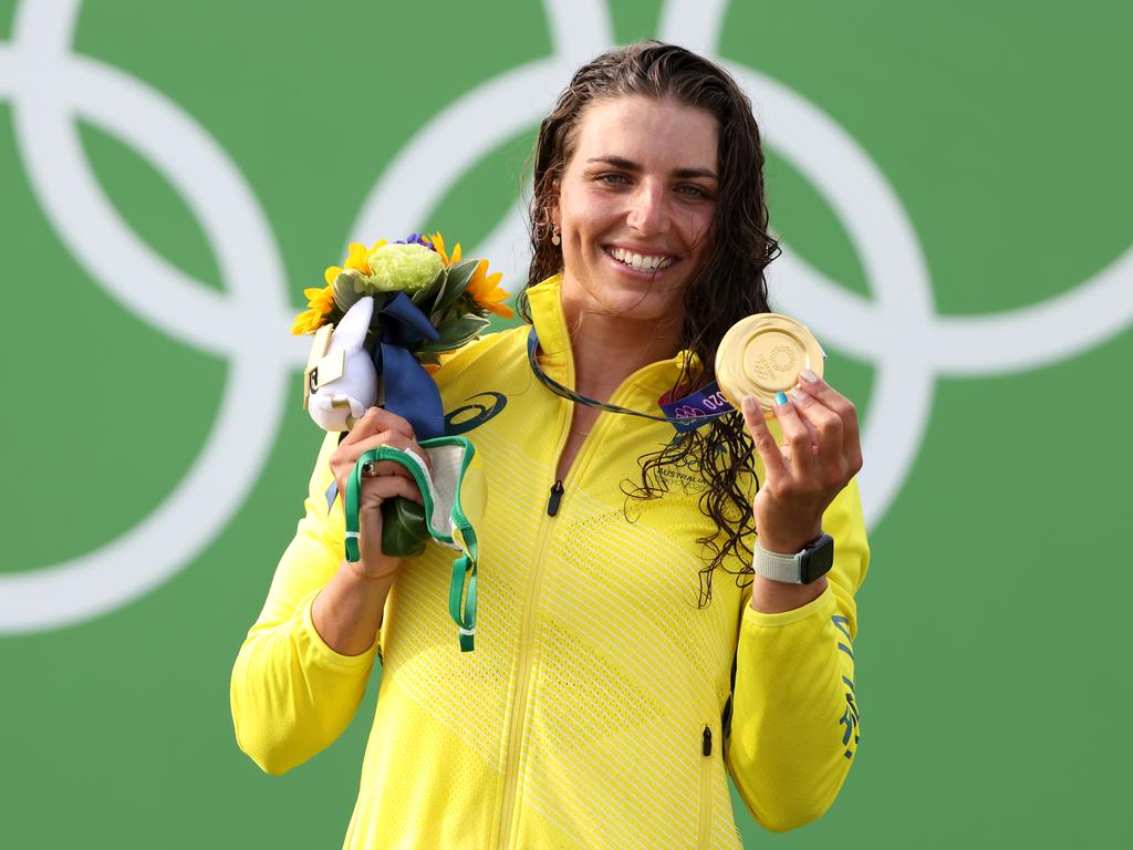 Jess Fox on the podium after her Olympic triumph.