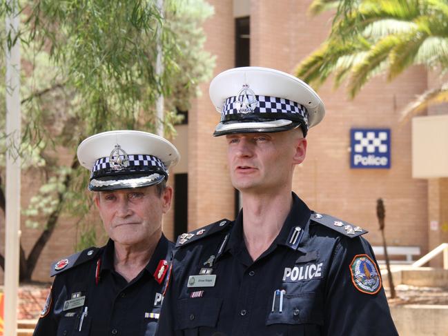 Assistant Commissioner Domestic Violence and Youth Command Michael White and Acting Commander Crime and Intelligence Command Drew Slape address media out the front of Alice Springs police station on Monday, February 10, 2025. Picture: Gera Kazakov