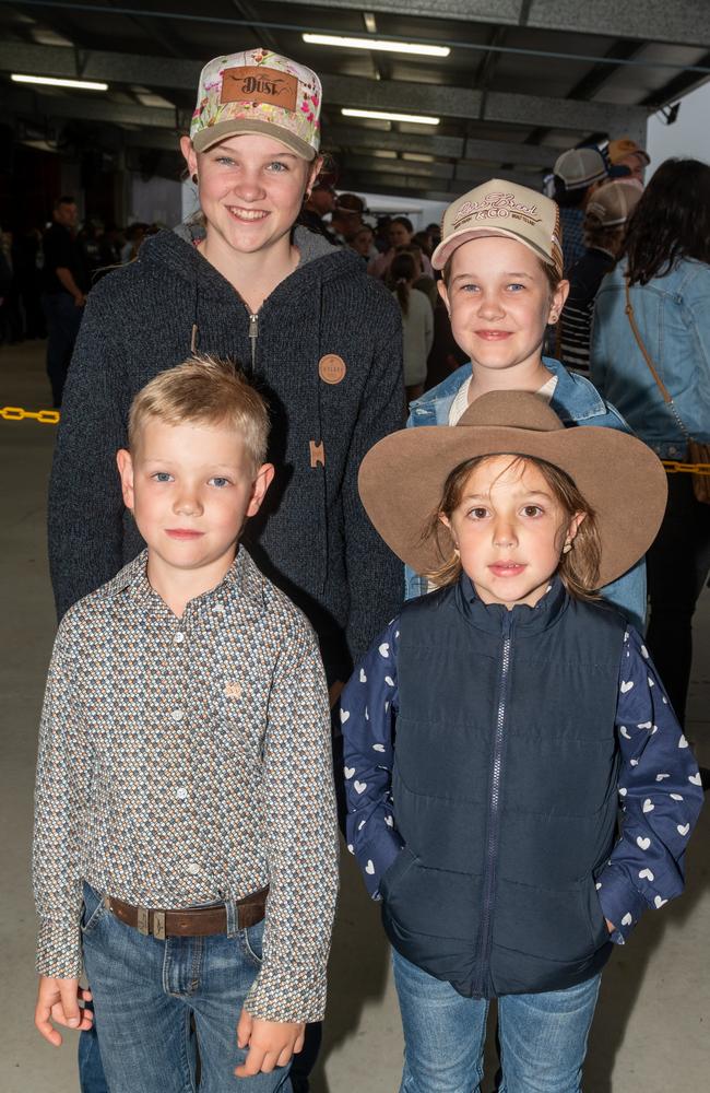 Bodhi Ewart, Hallie Marshall, Rory Ewart and Indy Ewart from Koumala at the PBR Bull Pit Bull Bash at Dittmann Bucking Bulls in Bloomsbury. August 27, 2022. Picture: Michaela Harlow