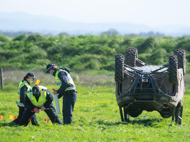 A young girl has tragically died and another was seriously injured after an off-road buggy rolled on a property in Gippsland on Saturday afternoon. Police Major Collision Investigation Unit inspect the site. Picture: Tony Gough