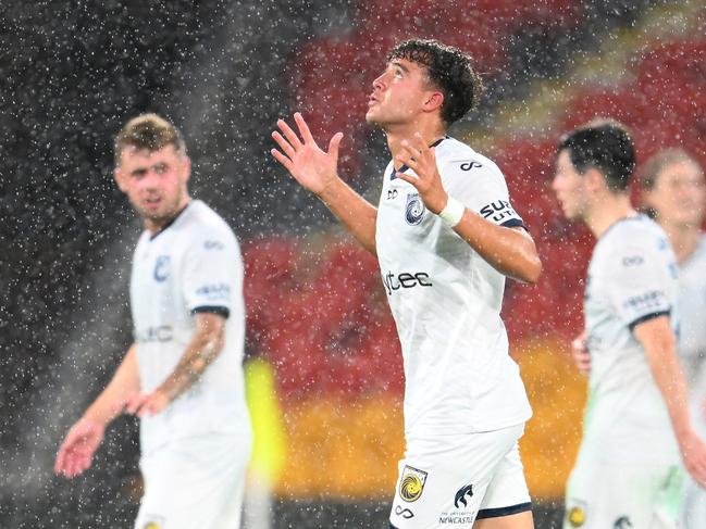 Arthur De Lima celebrates after scoring for the Central Coast Mariners against Brisbane Roar. Picture: Matt Roberts/Getty Images