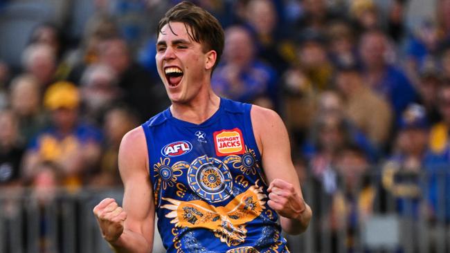 PERTH, AUSTRALIA - JULY 02: Jack Williams of the Eagles celebrates a goal during the 2023 AFL Round 16 match between the West Coast Eagles and the St Kilda Saints at Optus Stadium on July 2, 2023 in Perth, Australia. (Photo by Daniel Carson/AFL Photos via Getty Images)