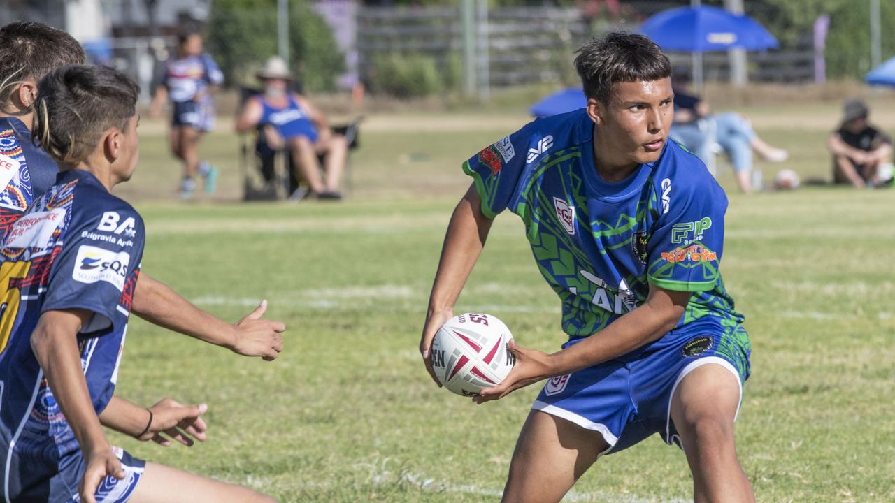 Taj Singh for Pacific Nations. Under 15's boys SW Qld Emus vs Pacific Nations Toowoomba. Saturday, February 25, 2023. Picture: Nev Madsen.