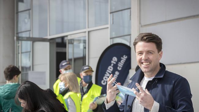 Senator Jonathon Duniam joined the long line of people at the vaccination clinic. Picture: Chris Kidd