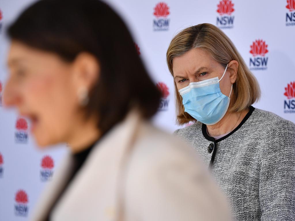 NSW chief health officer Kerry Chant looks on at Premier Gladys Berejiklian during Thursday’s press conference in Sydney. Picture: NCA NewsWire/Joel Carrett