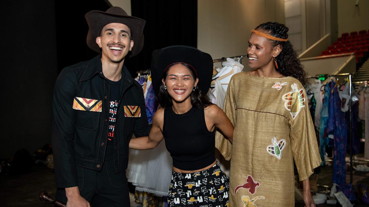 Lucas Schober, Cassie Puruntatameri and Tiesha Monique Hewitt at the 2024 Country to Couture at the Darwin Convention Centre showcases hand-designed First Nations fashion. Picture: Pema Tamang Pakhrin