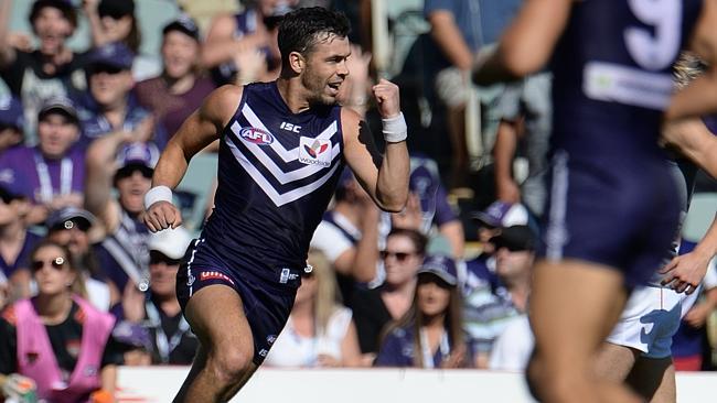 Ryan Crowley kicks the opening goal of the game in Perth. Picture: Daniel Wilkins