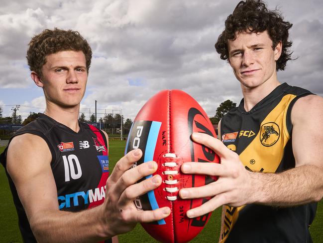 West's Cade Kennedy and Glenelg's Lewis Rayson ahead of their match where theyÃ¢â¬â¢ll face off on Saturday at Glenelg Oval, Tuesday, May 25, 2021. Picture: MATT LOXTON