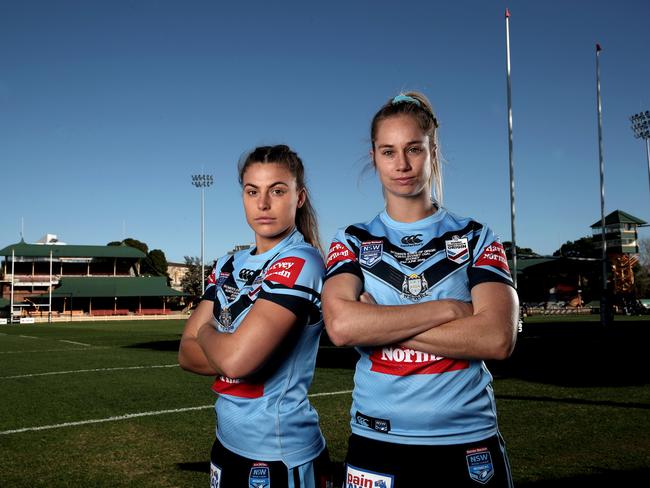 Jessica Sergis and captain Kezie Apps at the NSW Women's Blues captain's run at North Sydney oval ahead of tomorrow's State of Origin match against Queensland. Picture. Phil Hillyard