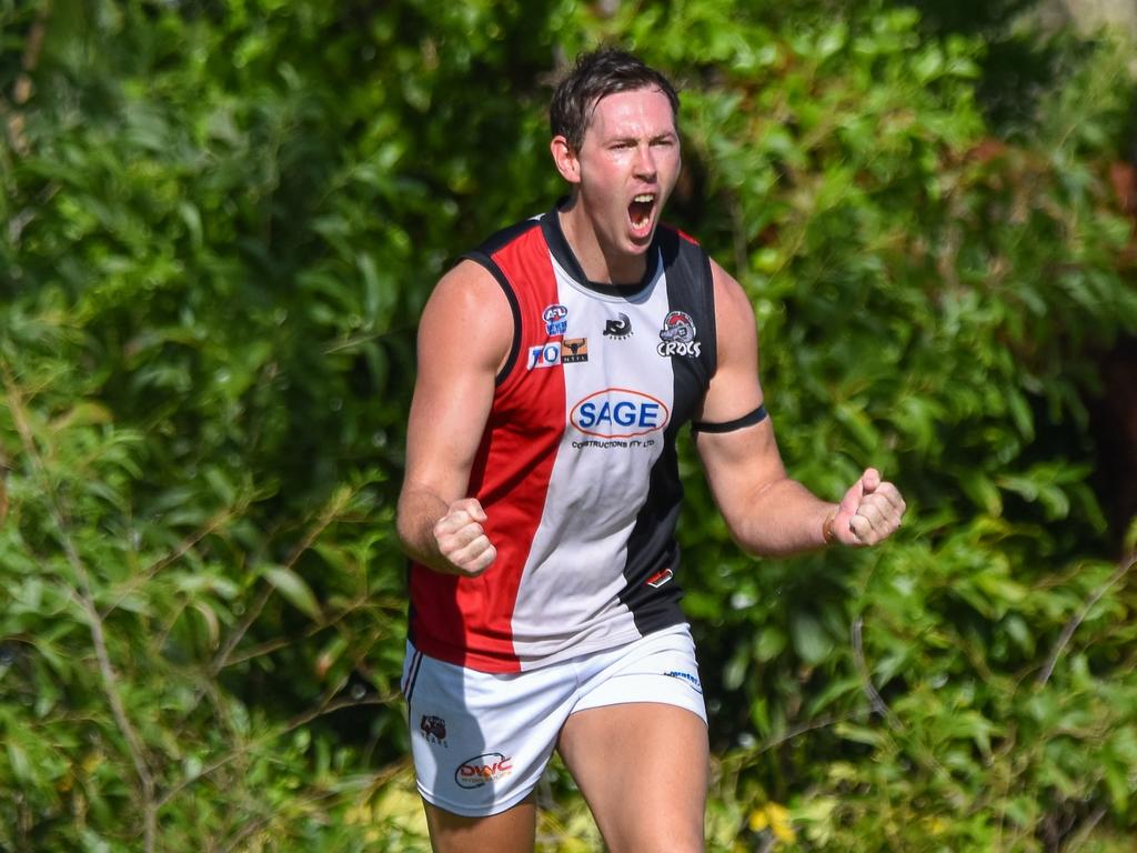 Southern District's Sam Dunstan celebrates a goal against Wanderers in Round 10 of the NTFL season. Picture: Tymunna Clements / AFLNT Media.