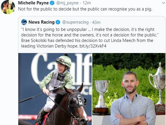 Michelle Payne weighed in with her opinion on Brae Sokolski’s comments and the decision to dump jockey Linda Meech from Thought Of That.