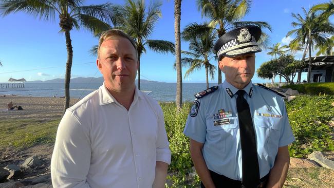 Premier Steven Miles and police commissioner Steve Gollschewski on The Strand, where they announced an extra $45m to beef up victim compensation services.