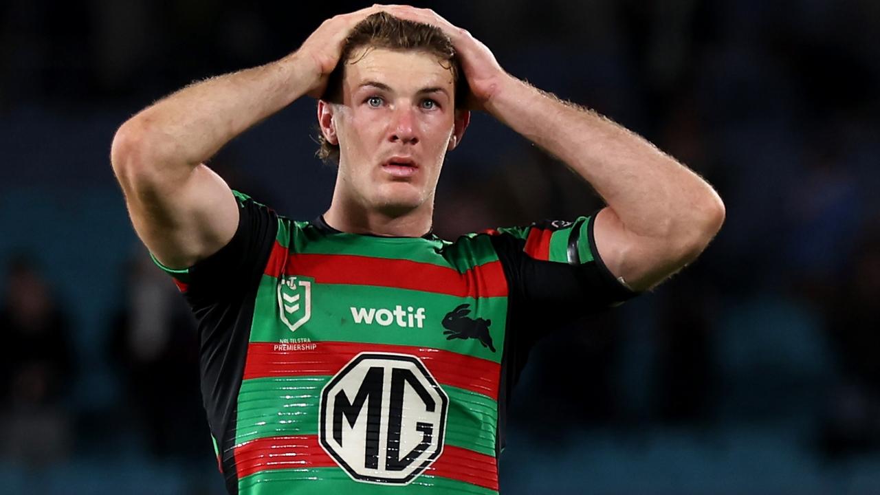 SYDNEY, AUSTRALIA - SEPTEMBER 01: Campbell Graham of the Rabbitohs looks dejected after the round 27 NRL match between South Sydney Rabbitohs and Sydney Roosters at Accor Stadium on September 01, 2023 in Sydney, Australia. (Photo by Matt King/Getty Images)