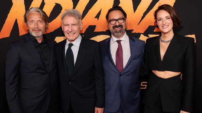 Mads Mikkelsen, Harrison Ford, James Mangold and Phoebe Waller-Bridge attend the Indiana Jones and the Dial of Destiny U.S. Premiere at the Dolby Theatre in Hollywood. Picture: Jesse Grant/Getty Images for Disney