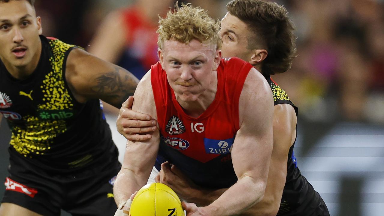 Clayton Oliver was influential in Melbourne’s round 7 win over Richmond after struggling with a finger injury in the lead up to the Demons’ bye. Picture: Michael Klein