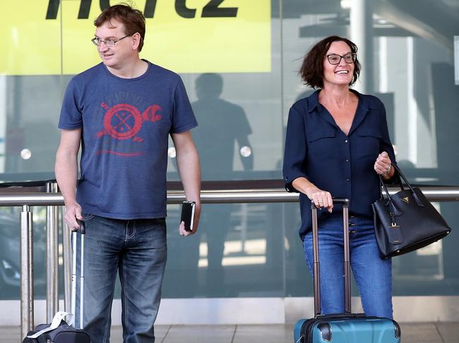 Karl Stefanovic’s ex-wife Cassandra Thorburn, pictured on the day of the wedding, with her brother at the airport during an interstate trip. Picture: Diimex