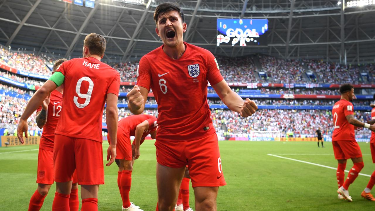 Harry Maguire celebrates after scoring for England during the 2018 World Cup.