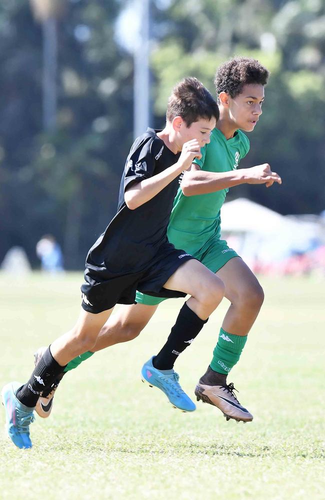 Football Queensland Community Cup carnival, Maroochydore. U13 boys, Sunshine Coast V Metro North. Picture: Patrick Woods.