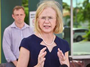 Queensland Health Steven Miles and Queensland Chief Health Officer Dr Jeannette Young speak at a press conference at the Mackay Base Hospital. Picture: Tony Martin