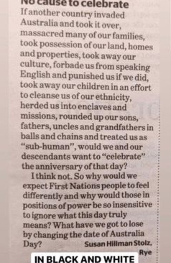 The newspaper letter shared by Pip Edwards to her Instagram page on Australia Day.