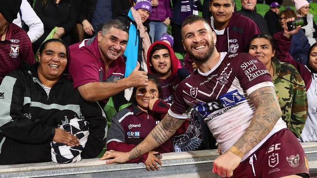 Joel Thompson celebrates a Sea Eagles victory. Picture: Getty Images