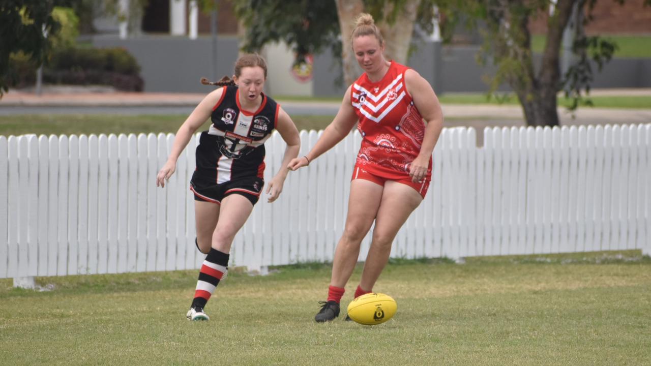 Aleisha Middleton (left) and Jennifer Lloyd in the North Mackay Saints and Eastern Swans clash in the senior women's McDonald's Mackay Cup, August 21, 2021. Picture: Matthew Forrest
