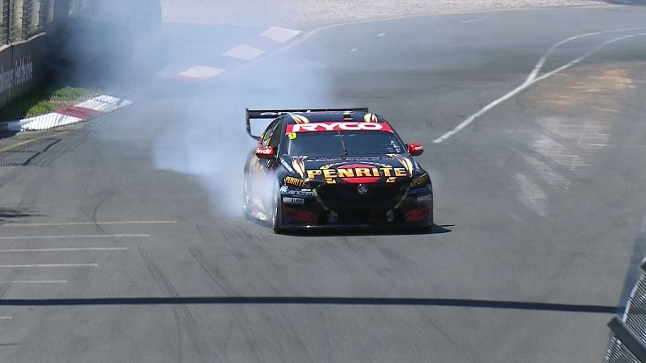 David Reynolds' car sprays smoke on his shootout lap.