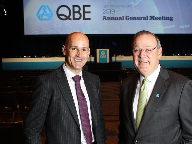 09/05/2019: (L-R) CEO Patrick Regan and QBE insurance chairman Marston Becker at their AGM on Thursday. Hollie Adams/The Australian