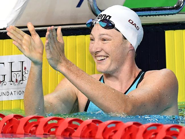 Cate Campbell celebrates after winning the 50m at the trials. Picture: Getty Images