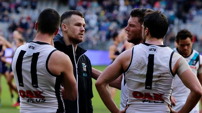 Port Adelaide’s Robbie Gray with teammates after the loss to Fremantle. Picture: Getty Images