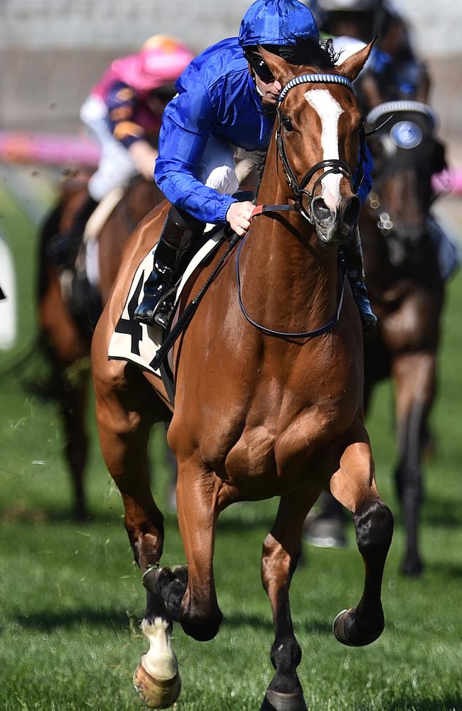 Hartnell charges to victory in the Group 1 Turnbull Stakes. Picture: AAP