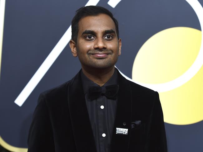 Aziz Ansari wears a Time’s Up pin at the Golden Globes. Picture: Jordan Strauss/Invision/AP