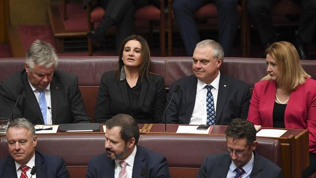 Senator Jacqui Lambie (centre) sits with Centre Alliance Senators Rex Patrick (left), Stirling Griff and Centre Alliance MP Rebekah Sharkie. Picture: AAP