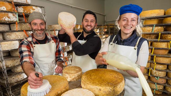 Long Paddock’s Romain Ries, Gaetan Chapon and Alex Coutts celebrate their delicious. Harvey Norman Produce Awards win. Picture: Jason Edwards