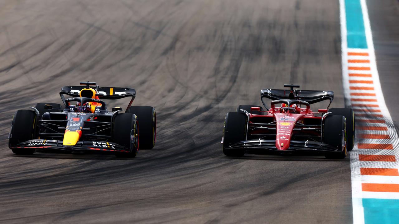 Max Verstappen takes the Ferrari. Mark Thompson/Getty Images/AFP.