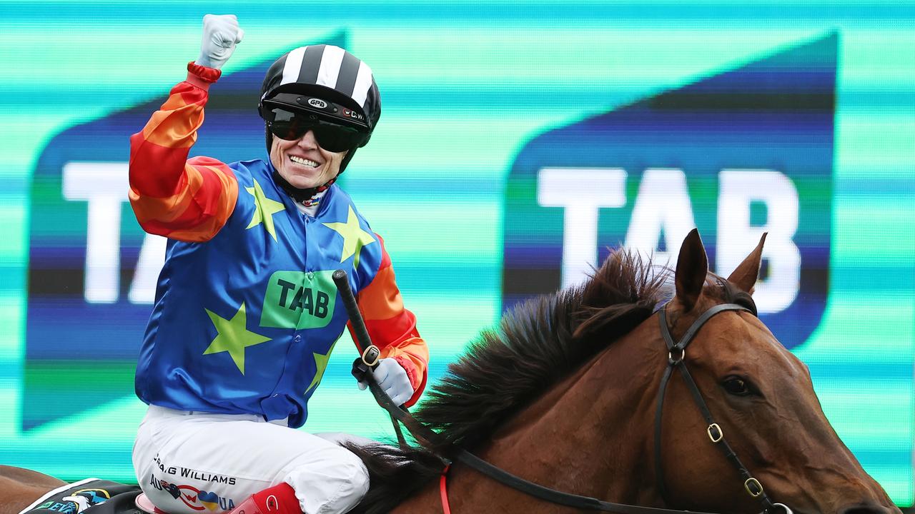 Craig Williams salutes after winning the 2024 The Everest aboard Bella Nipotina. Picture: Jeremy Ng / Getty Images