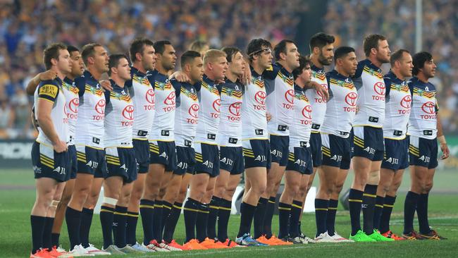 The Cowboys during the National Anthem before the 2015 NRL Grand Final.