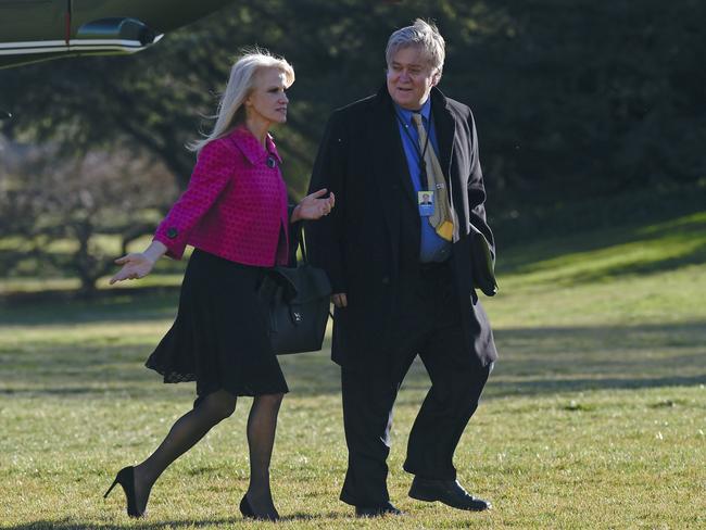 White House counsellor Kellyanne Conway, left, and senior adviser Steve Bannon. Picture: AP