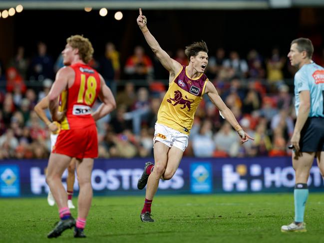 GOLD COAST, AUSTRALIA - JULY 27: Eric Hipwood of the Lions celebrates a goal during the 2024 AFL Round 20 match between the Gold Coast SUNS and the Brisbane Lions at People First Stadium on July 27, 2024 in Gold Coast, Australia. (Photo by Russell Freeman/AFL Photos via Getty Images)