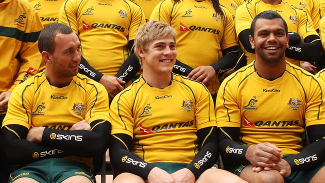 Australian Wallabies rugby team photo ahead of their Test match against Samoa, at the Coogee Crowne Plaza hotel in Sydney. (L to R front row) Quade Cooper, James O'Connor and Kurtley Beale.