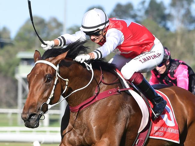 Taylor Marshall punches out Wapiti to victory in the Mooloolaba Cup at the Sunshine Coast. Picture: Grant Peters - Trackside Photography.