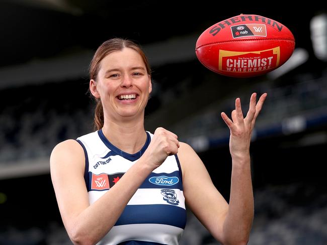 GEELONG, AUSTRALIA - APRIL 05: Erin Hoare of Geelong poses for a portrait during a Geelong AFLW Draft Media Opportunity at GMHBA Stadium on April 05, 2023 in Geelong, Australia. (Photo by Kelly Defina/AFL Photos/via Getty Images)