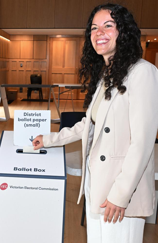 Angelica Di Camillo casts her vote in the Prahran by-election. Picture: Josie Hayden