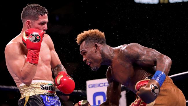 Jermell Charlo (R) and Brian Castano (L) exchange punches during their Super Welterweight fight this year. Picture: Edward A. Ornelas/Getty